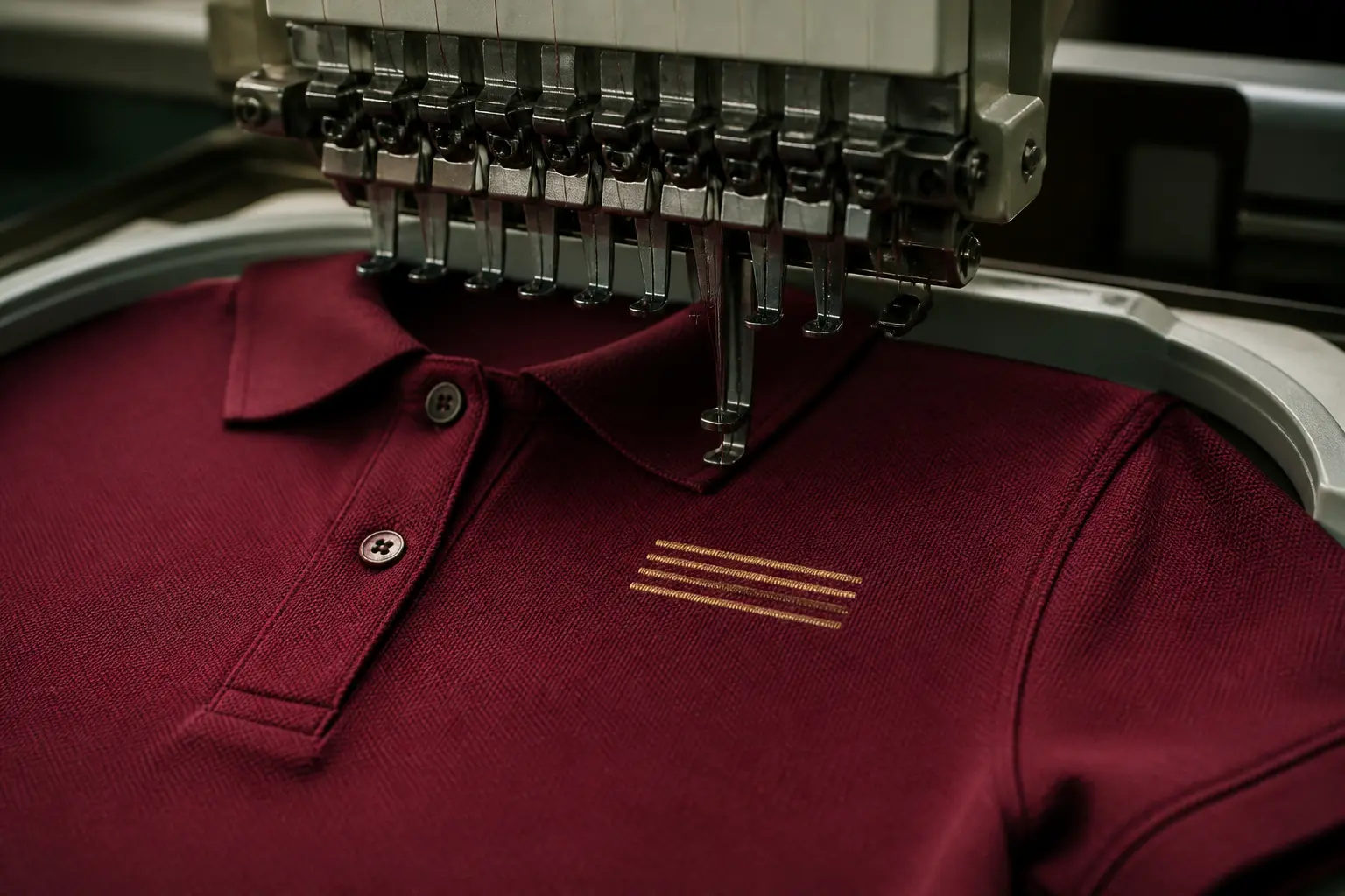 Embroidery machine stitching parallel gold lines on a burgundy polo