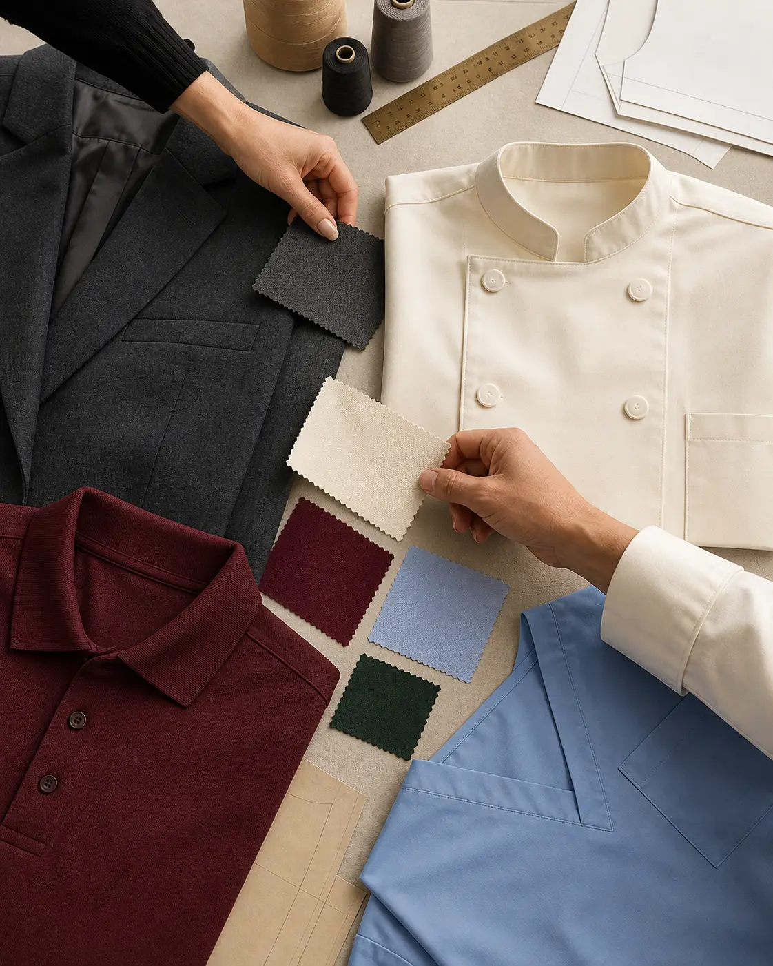 Hands comparing fabrics beside a charcoal blazer, ivory chef coat, burgundy polo and blue scrub top