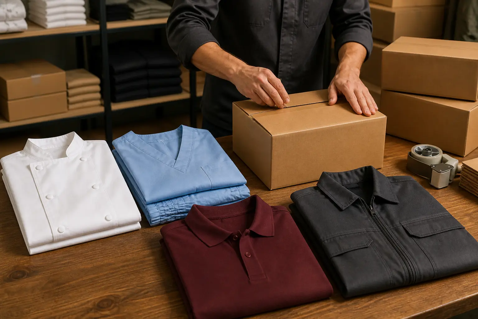 White chef coat, blue scrubs, burgundy polo and charcoal work jacket being packed in plain cartons
