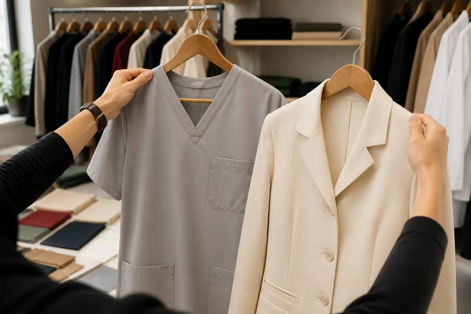 Hands comparing a pale-gray scrub top with a cream hospitality jacket