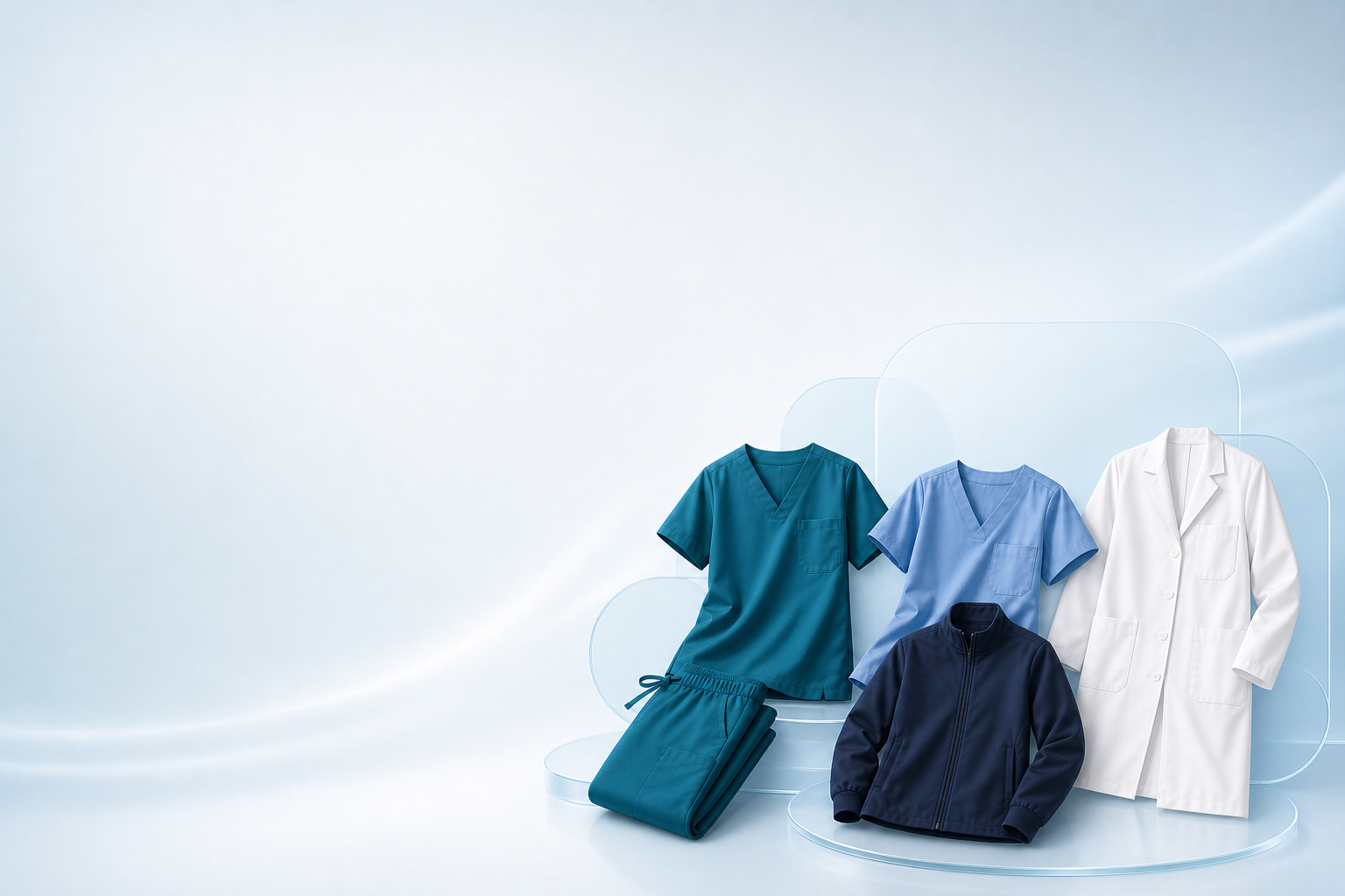 Teal, blue, white and navy medical garments