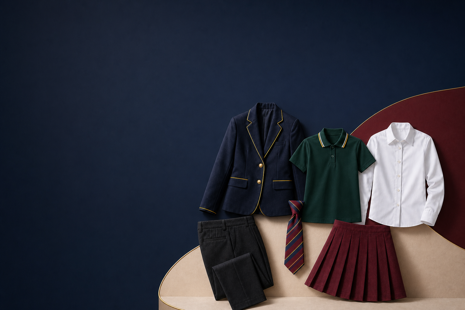 Navy blazer, bottle-green polo shirt, white shirt, charcoal trousers, burgundy skirt and striped school tie