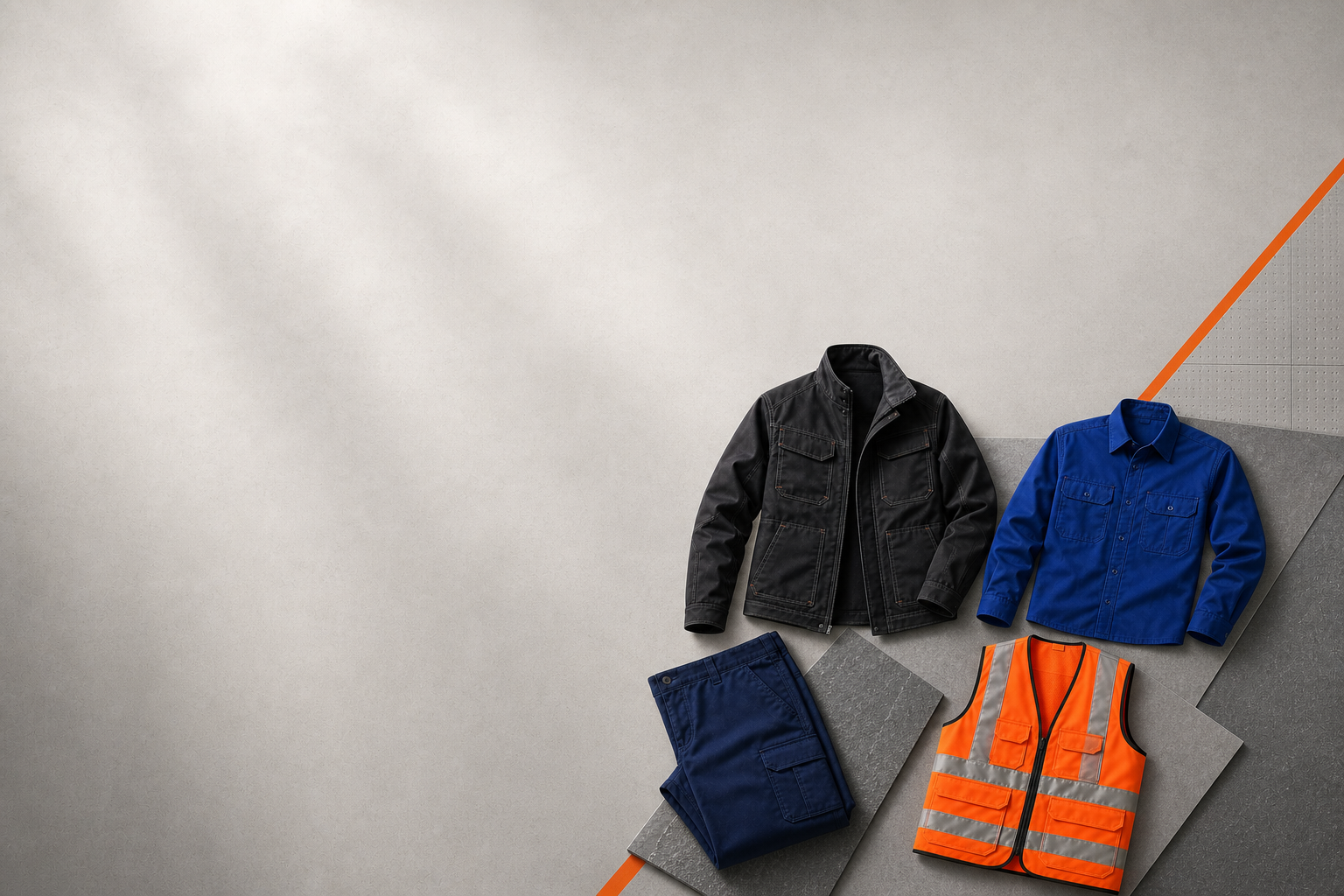 Graphite, blue, navy and orange workwear garments