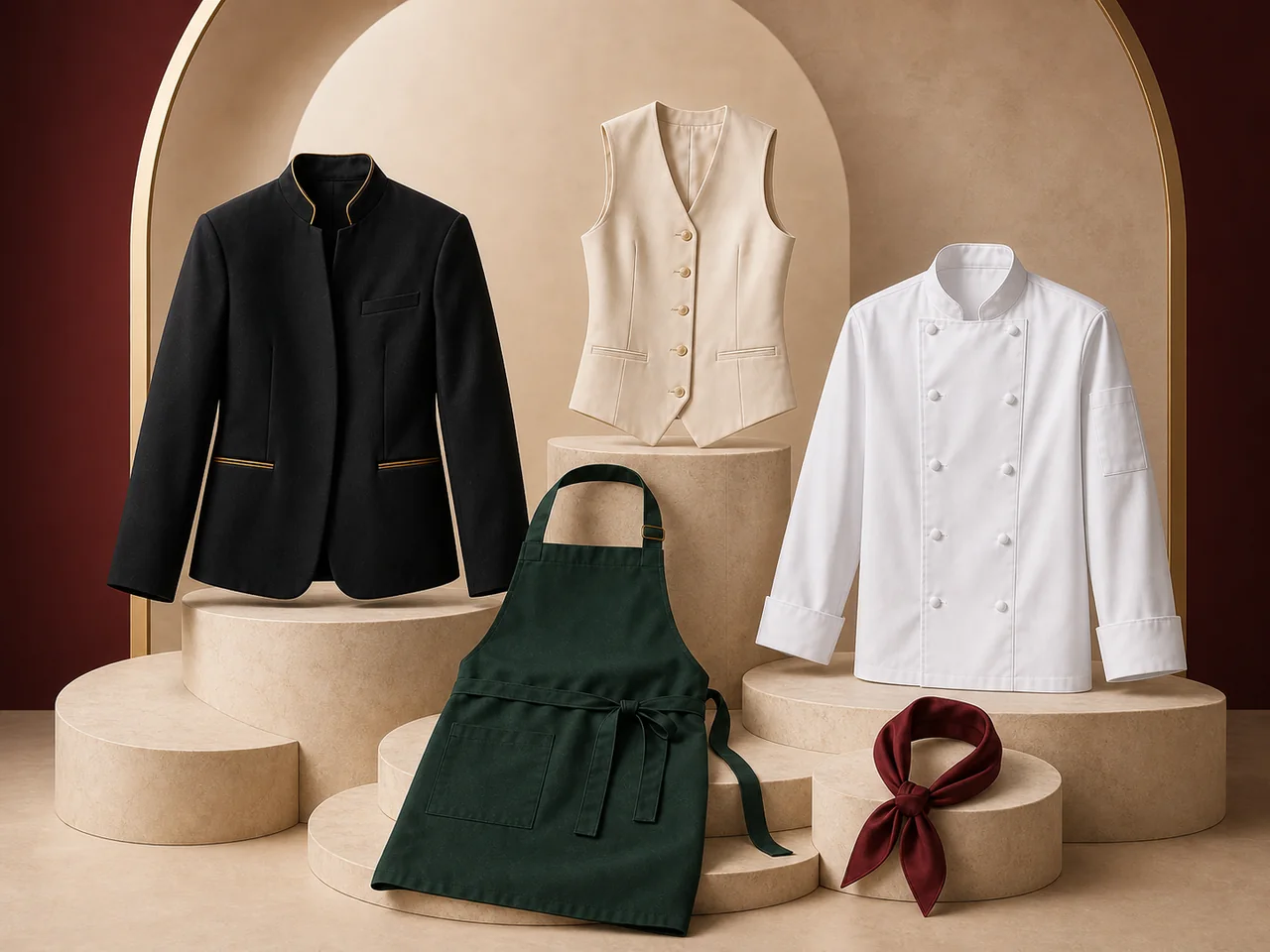 Black service jacket, cream waistcoat, white chef coat, burgundy scarf and green apron