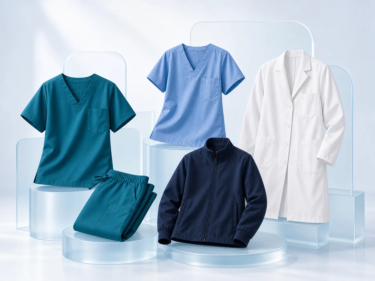 Teal and ceil-blue scrubs, white lab coat and navy medical jacket
