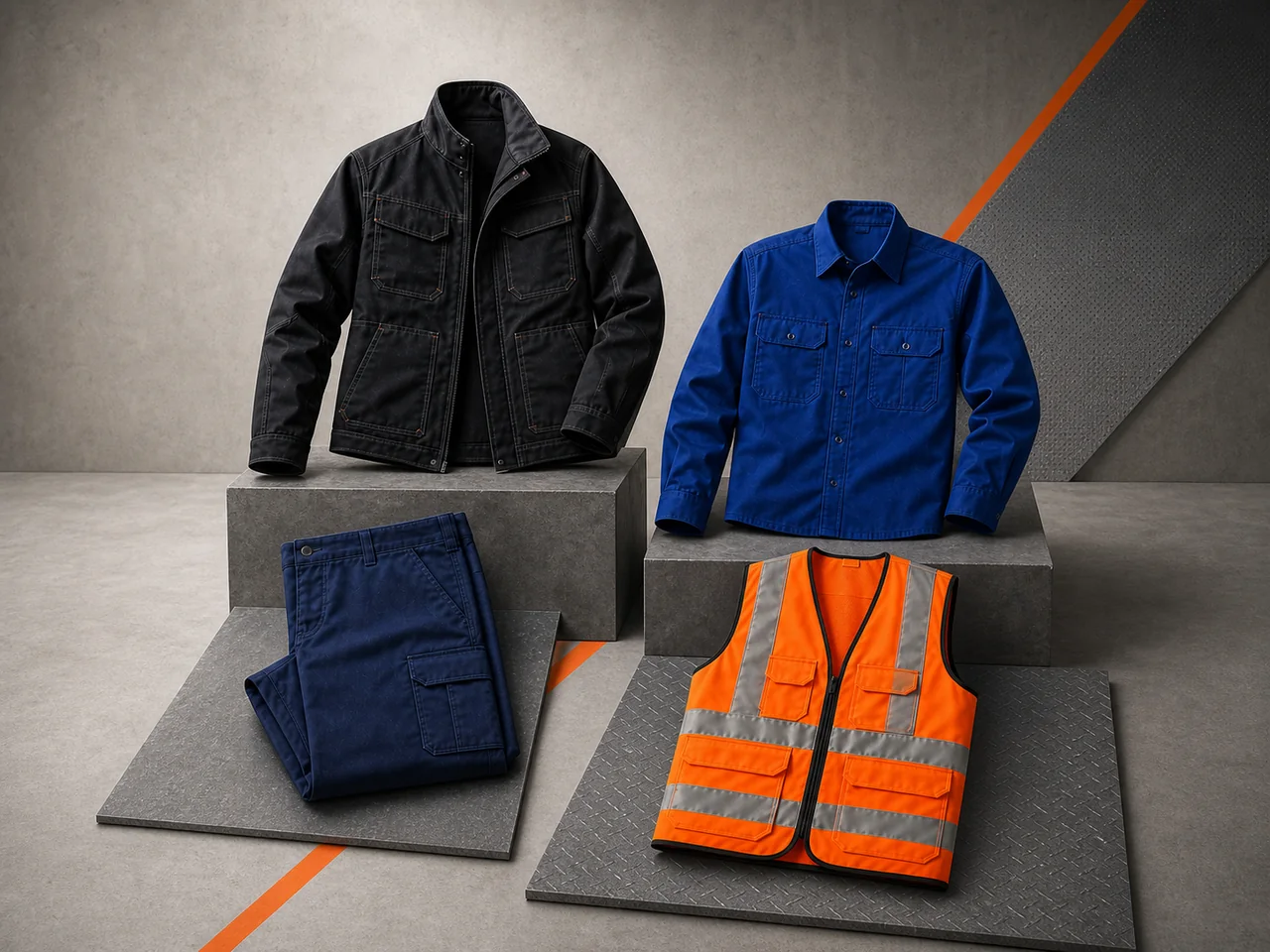 Black work jacket, royal-blue shirt, navy cargo trousers and orange high-visibility vest